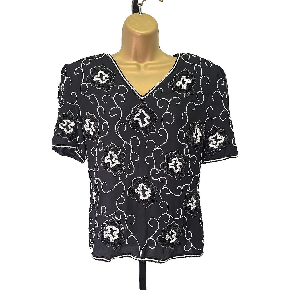 Vintage 80s Stenay 100% Silk Beaded Top Lge Black Cream Maximalist Elegant Glam